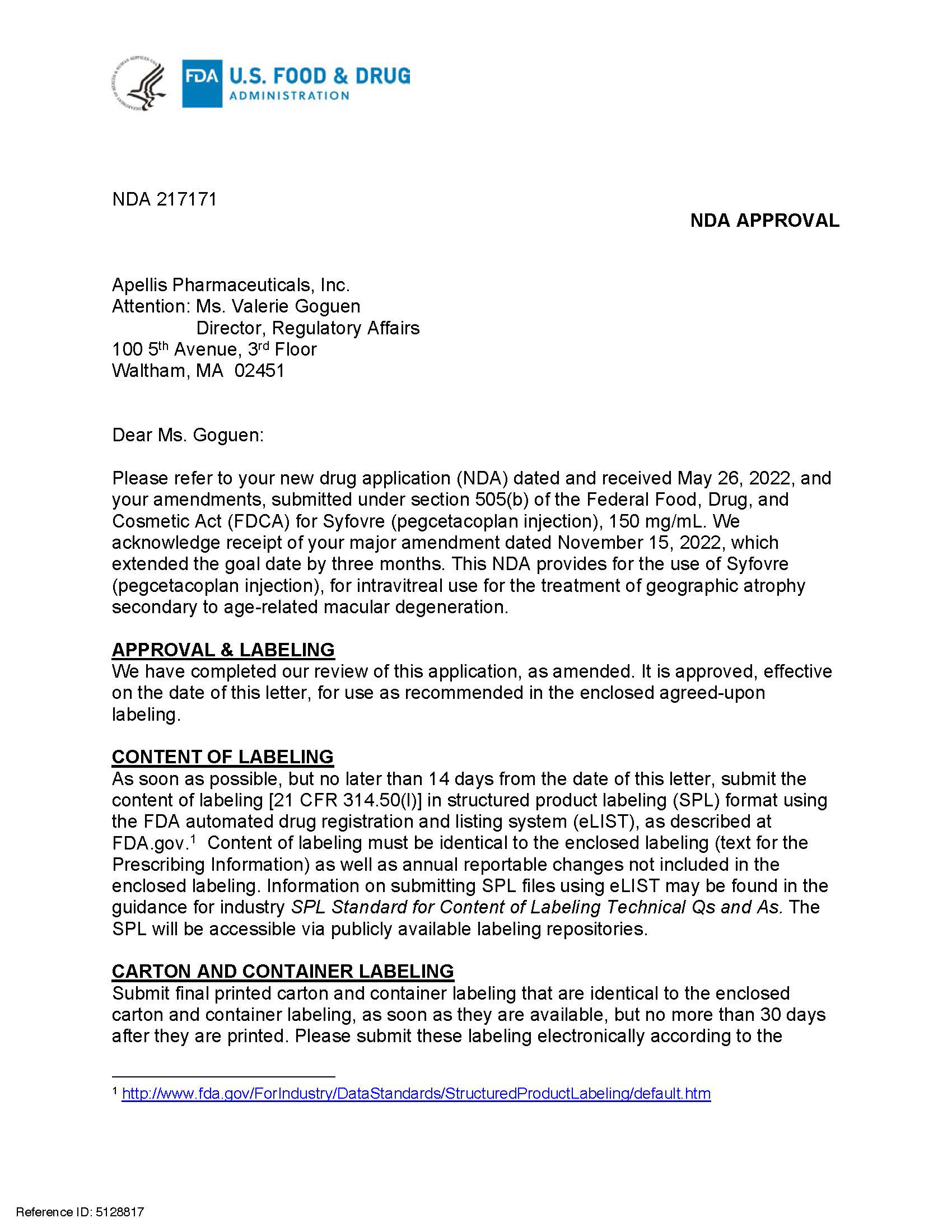 SYFOVRE® (pegcetacoplan injection) FDA Approval Letter thumbnail