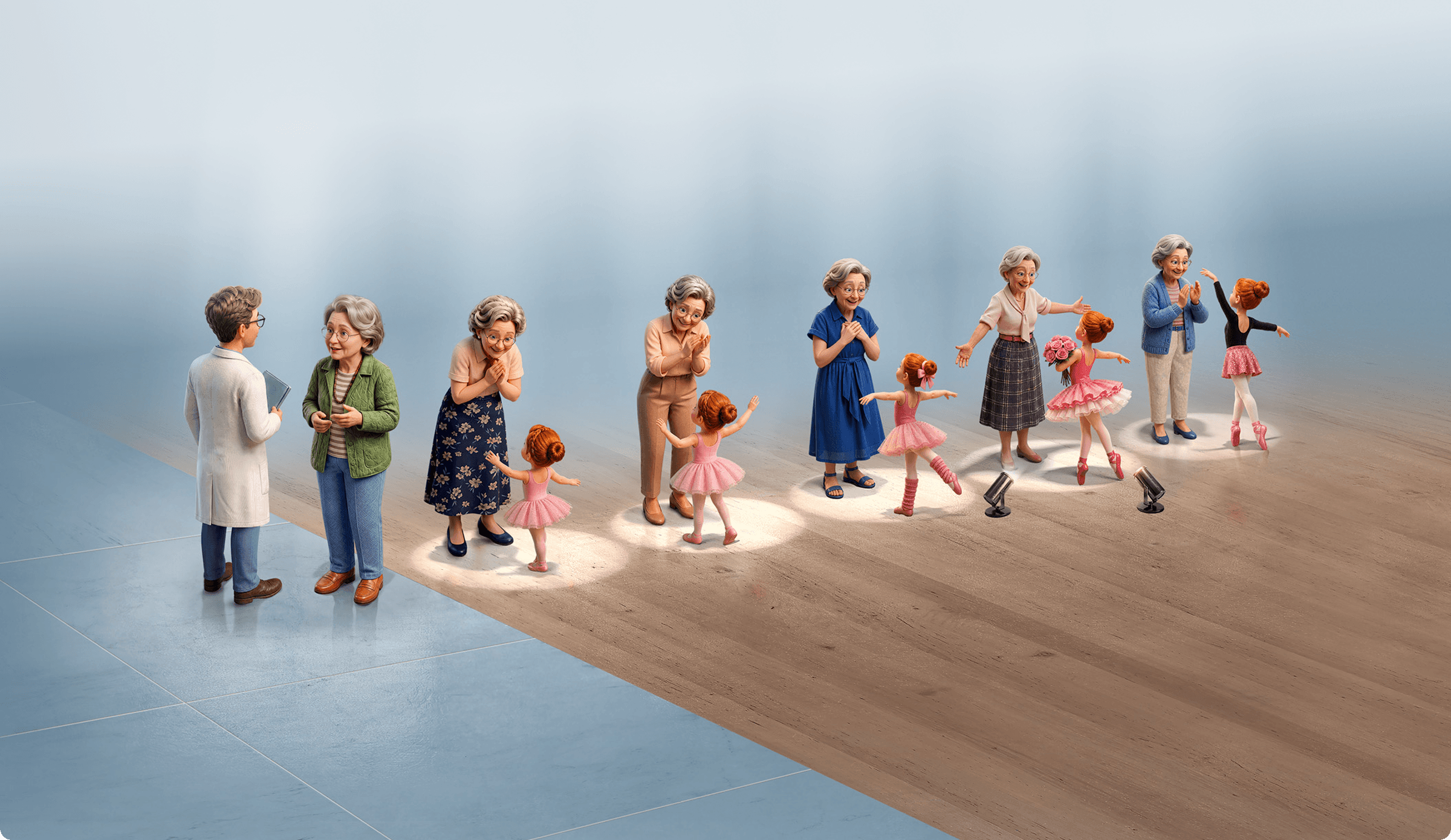 Brand hero illustration Stylized figurines of an older adult watching a young ballerina perform through successive years, illustrating